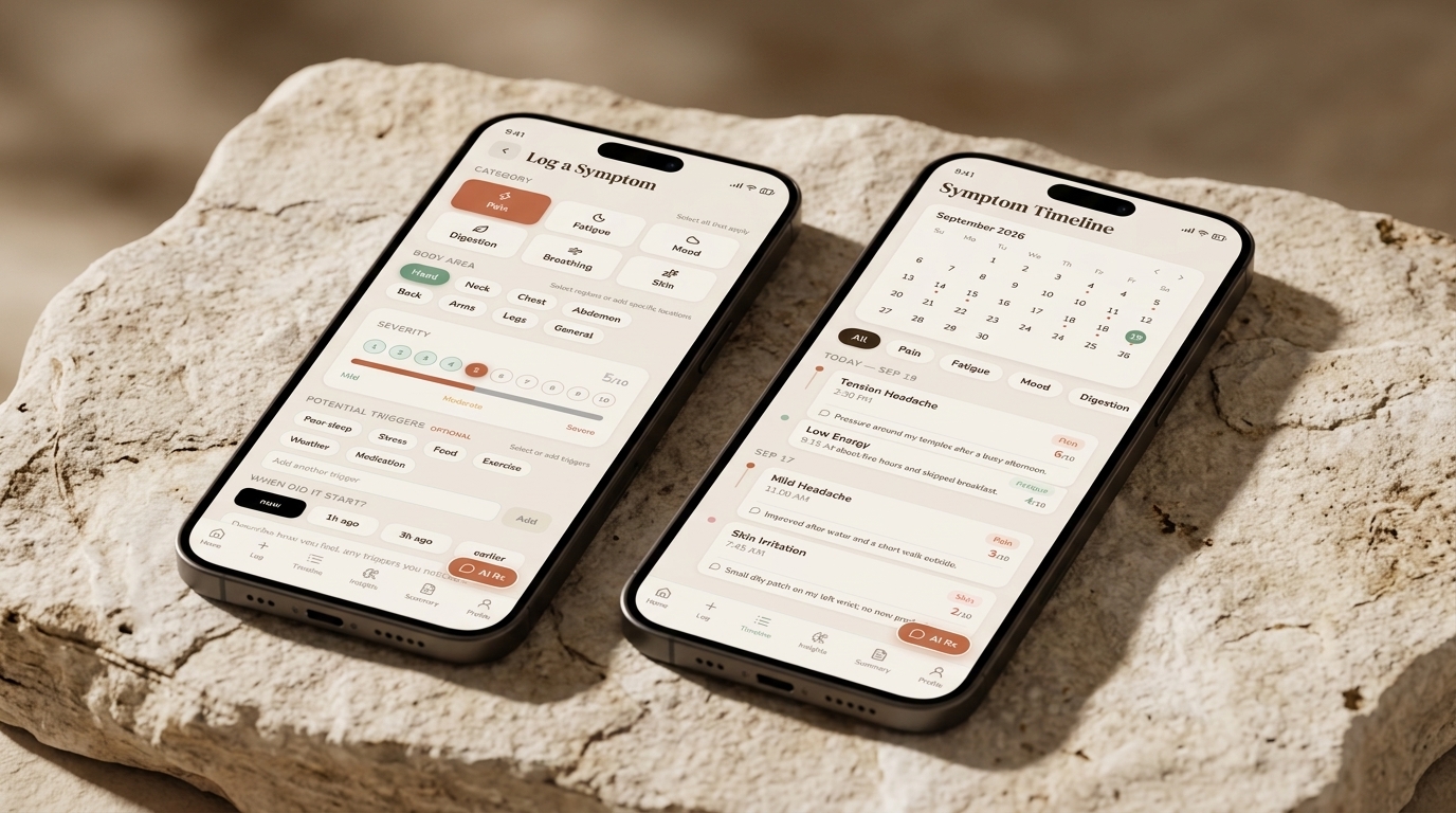 SymptomJournal mockup on mobile screens