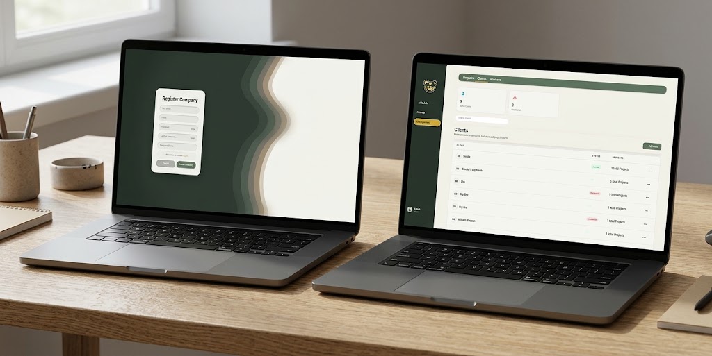 Projello management system mockup on laptop screens